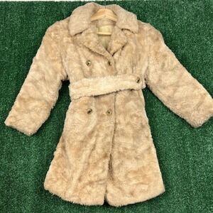 True Vintage Girls Real Rabbit Fur Coat Belted Collared Union Made Sz 6 50s 60s